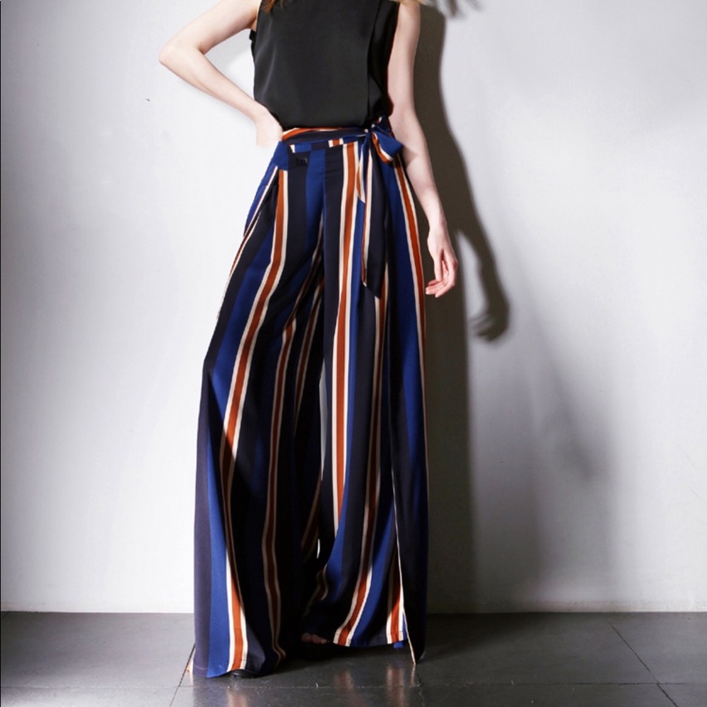 Stripped wide leg pants with belt - Picture 2 of 16